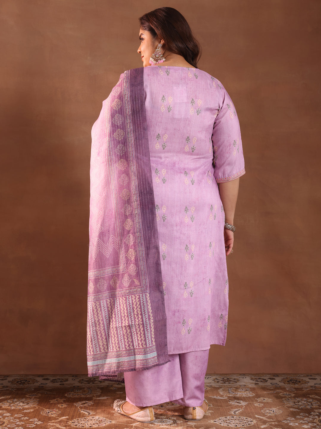  Plus Size Lavender Printed Silk Blend Straight Suit With Dupatta 