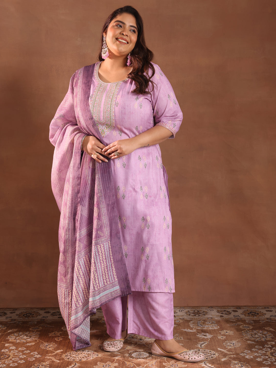  Plus Size Lavender Printed Silk Blend Straight Suit With Dupatta 