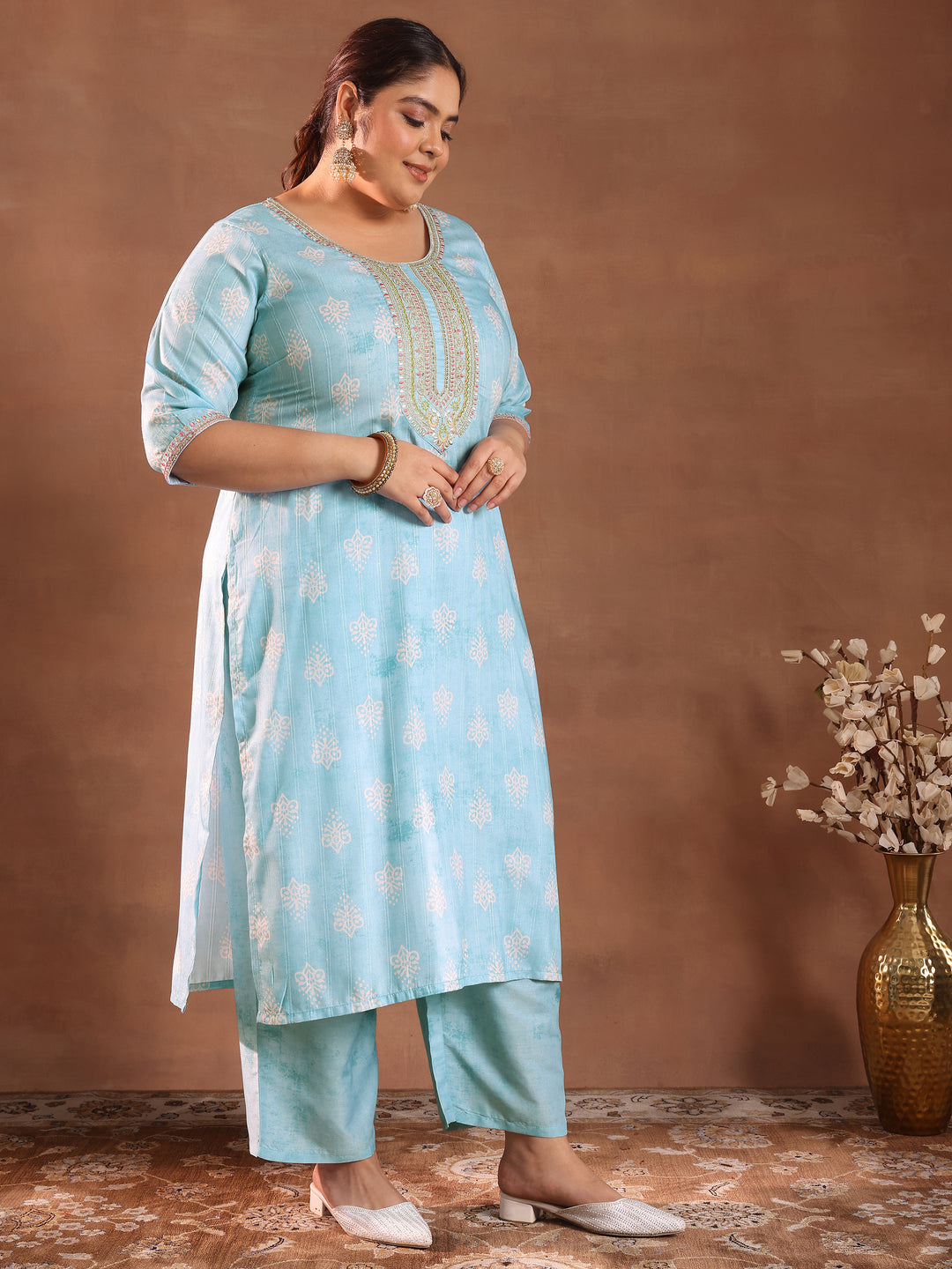  Plus Size Blue Printed Silk Blend Straight Suit With Dupatta 