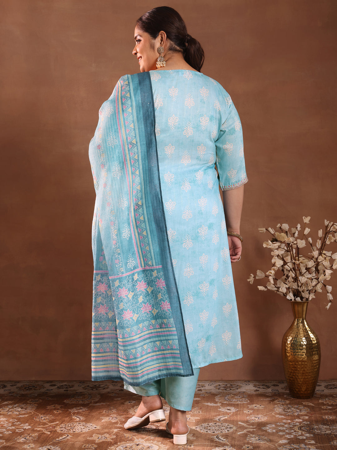  Plus Size Blue Printed Silk Blend Straight Suit With Dupatta 