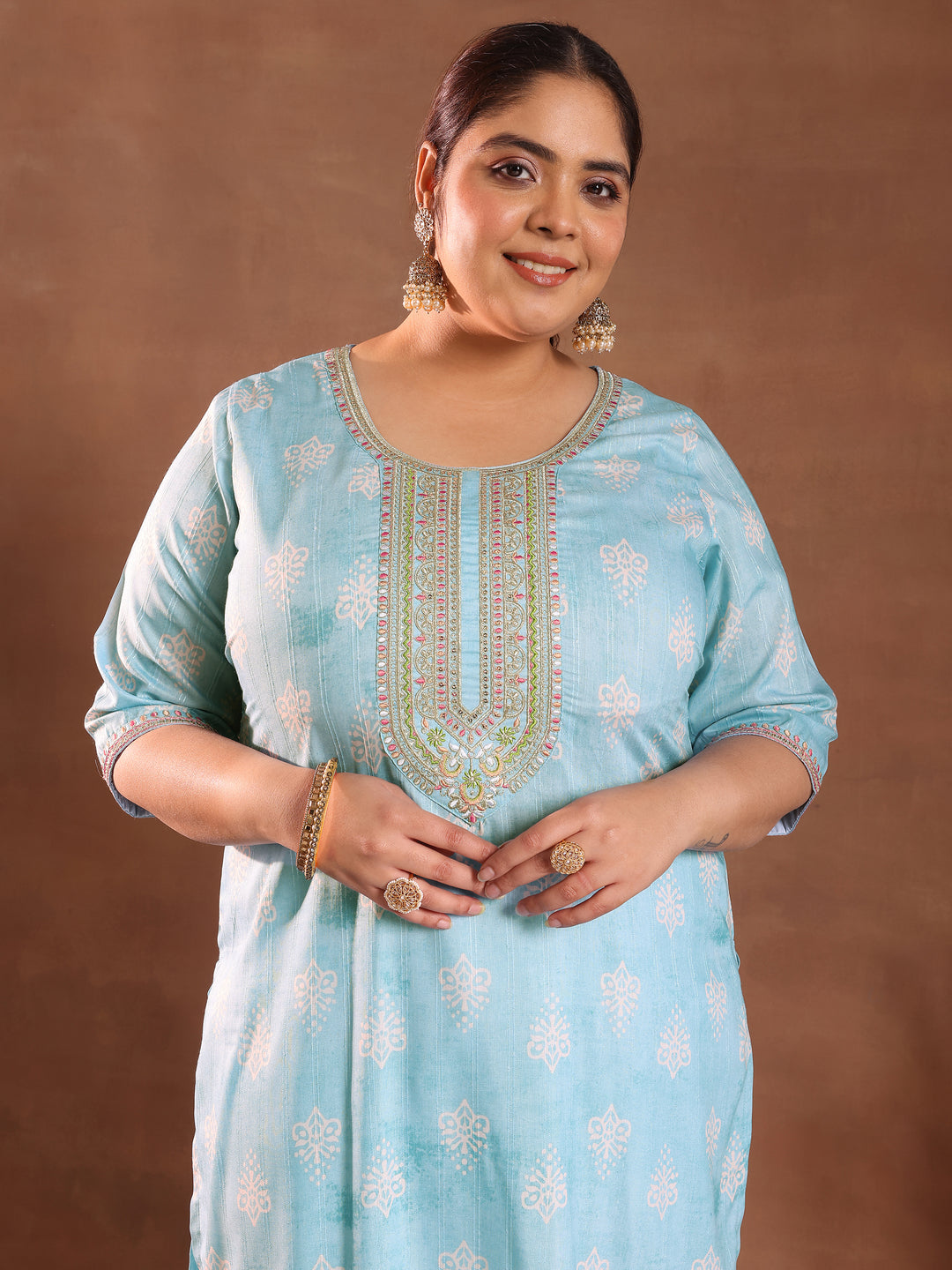  Plus Size Blue Printed Silk Blend Straight Suit With Dupatta 