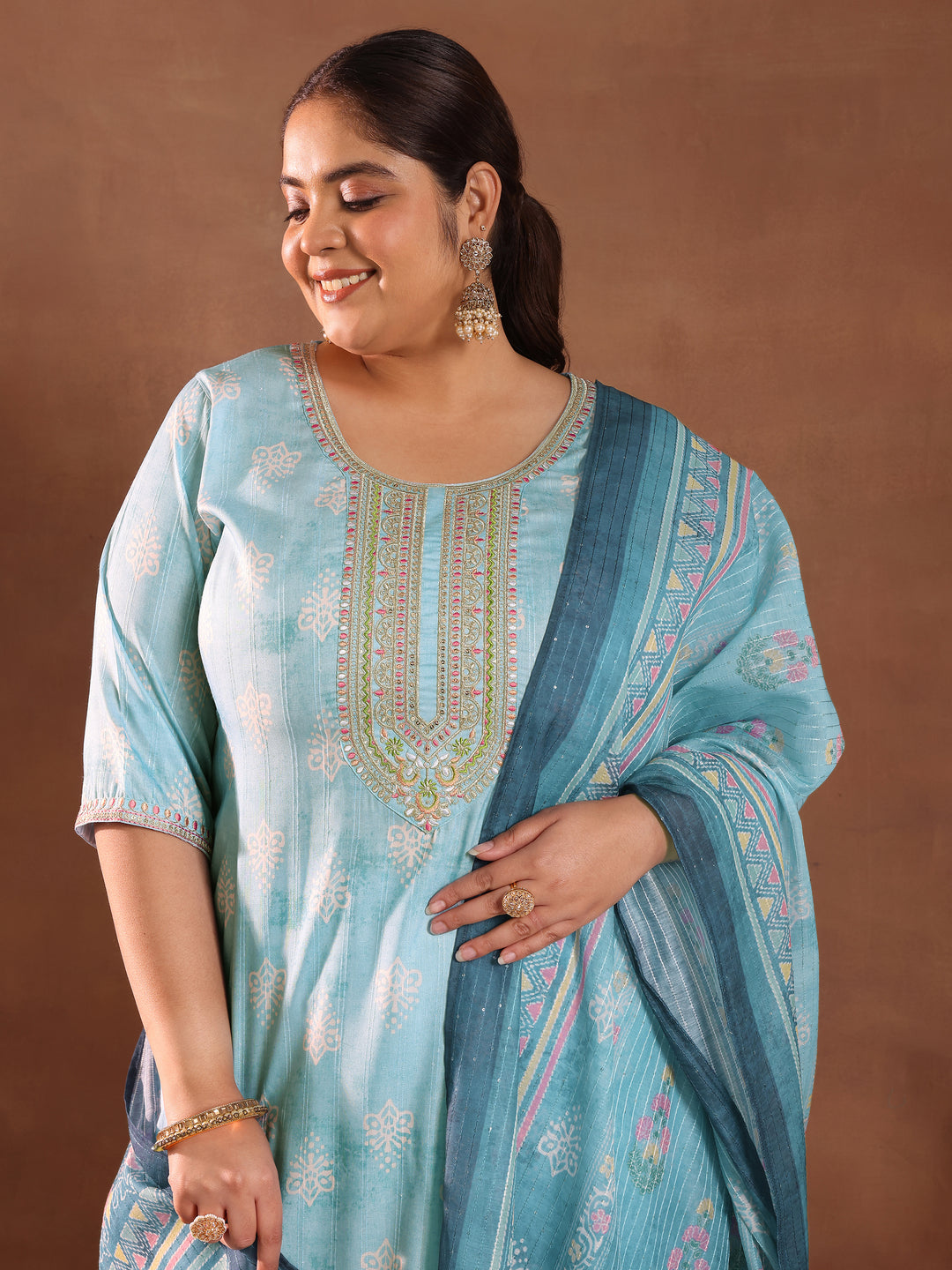  Plus Size Blue Printed Silk Blend Straight Suit With Dupatta 