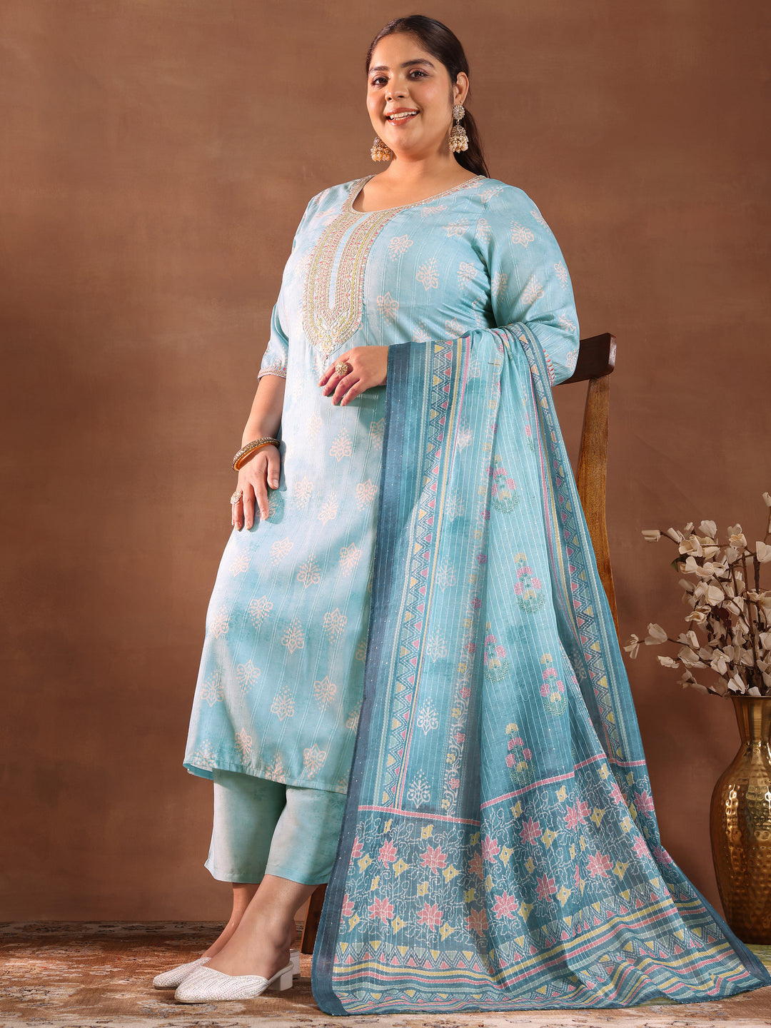  Plus Size Blue Printed Silk Blend Straight Suit With Dupatta 