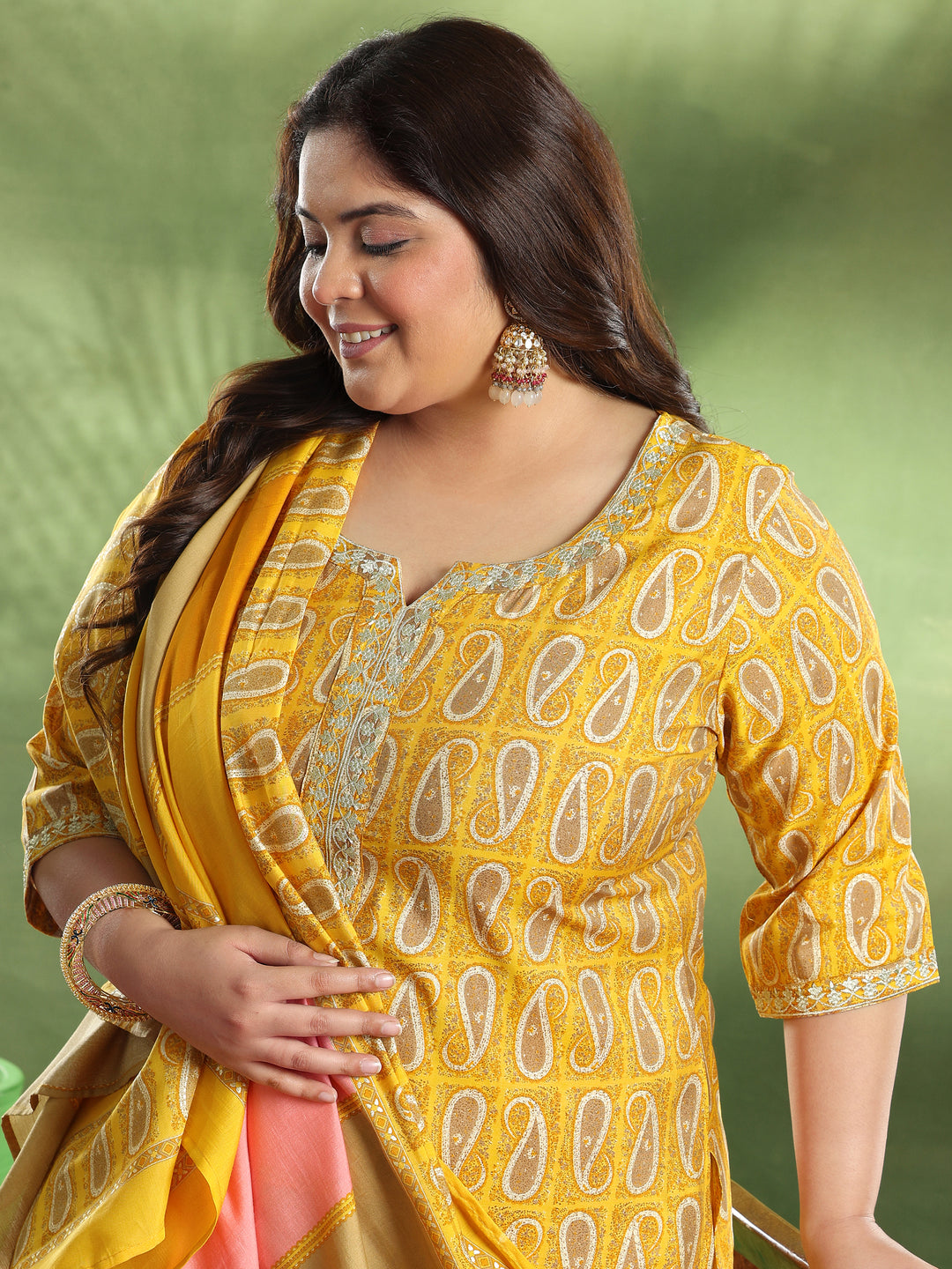  Plus Size Mustard Printed Silk Blend Straight Suit With Dupatta 