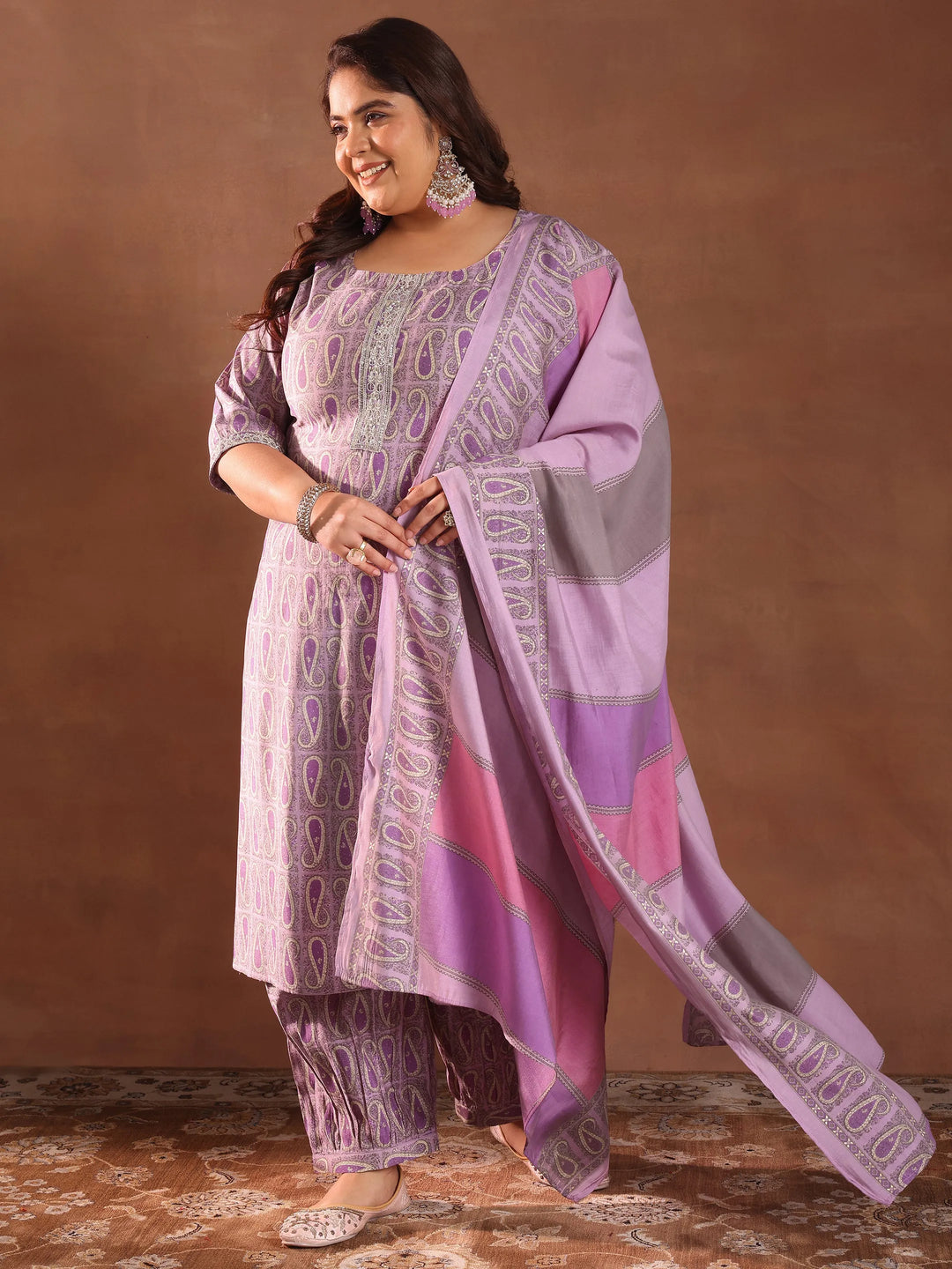  Plus Size Purple Printed Silk Blend Straight Suit With Dupatta 