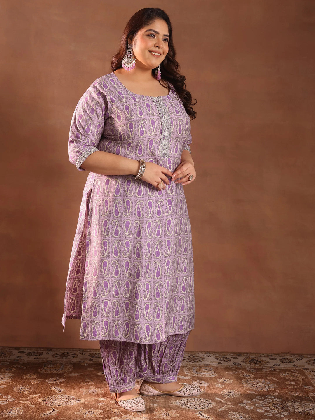  Plus Size Purple Printed Silk Blend Straight Suit With Dupatta 