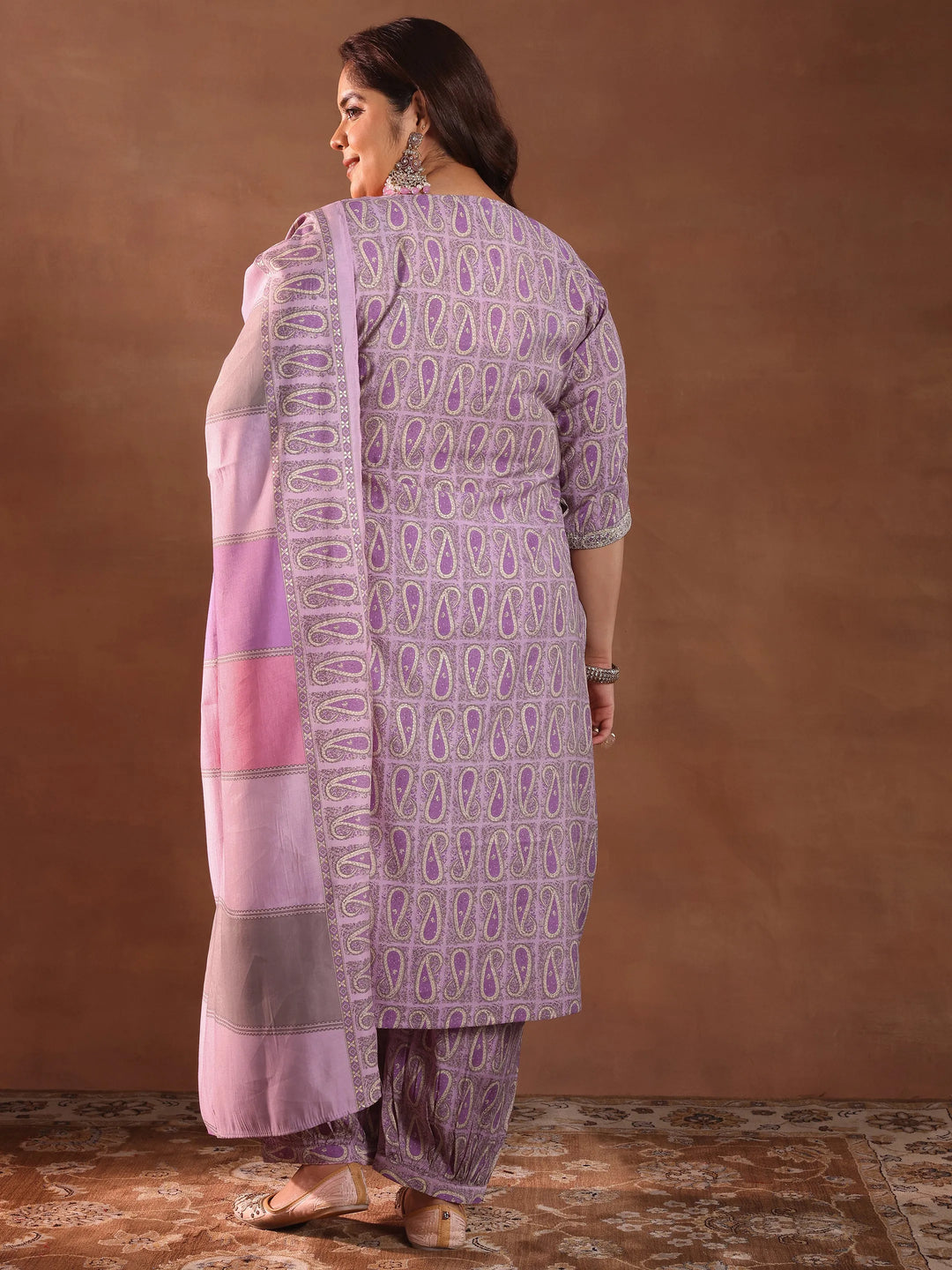  Plus Size Purple Printed Silk Blend Straight Suit With Dupatta 