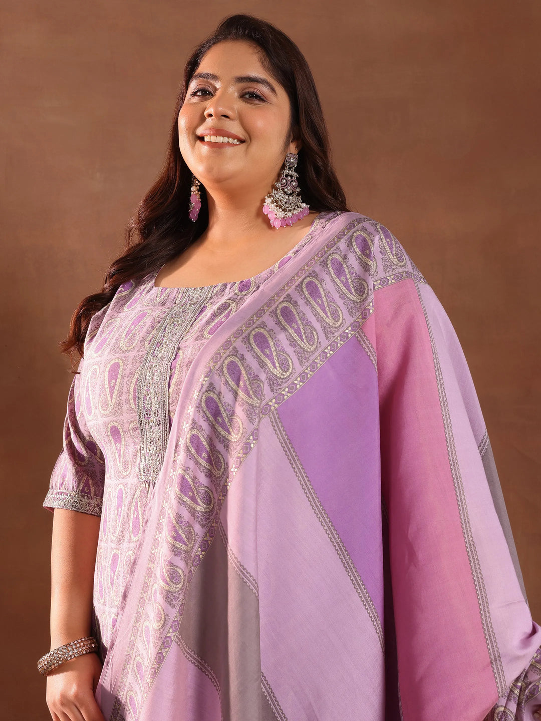  Plus Size Purple Printed Silk Blend Straight Suit With Dupatta 