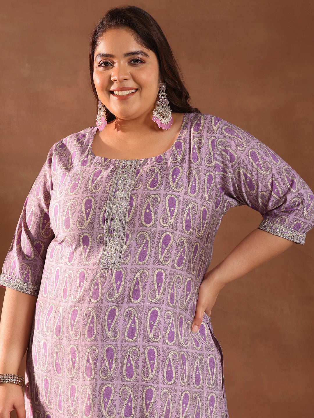  Plus Size Purple Printed Silk Blend Straight Suit With Dupatta 