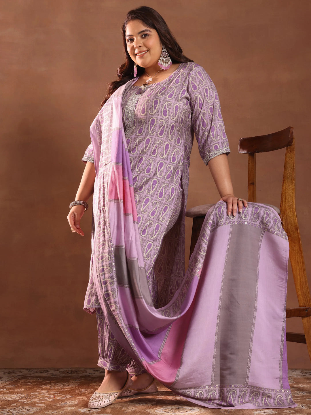  Plus Size Purple Printed Silk Blend Straight Suit With Dupatta 