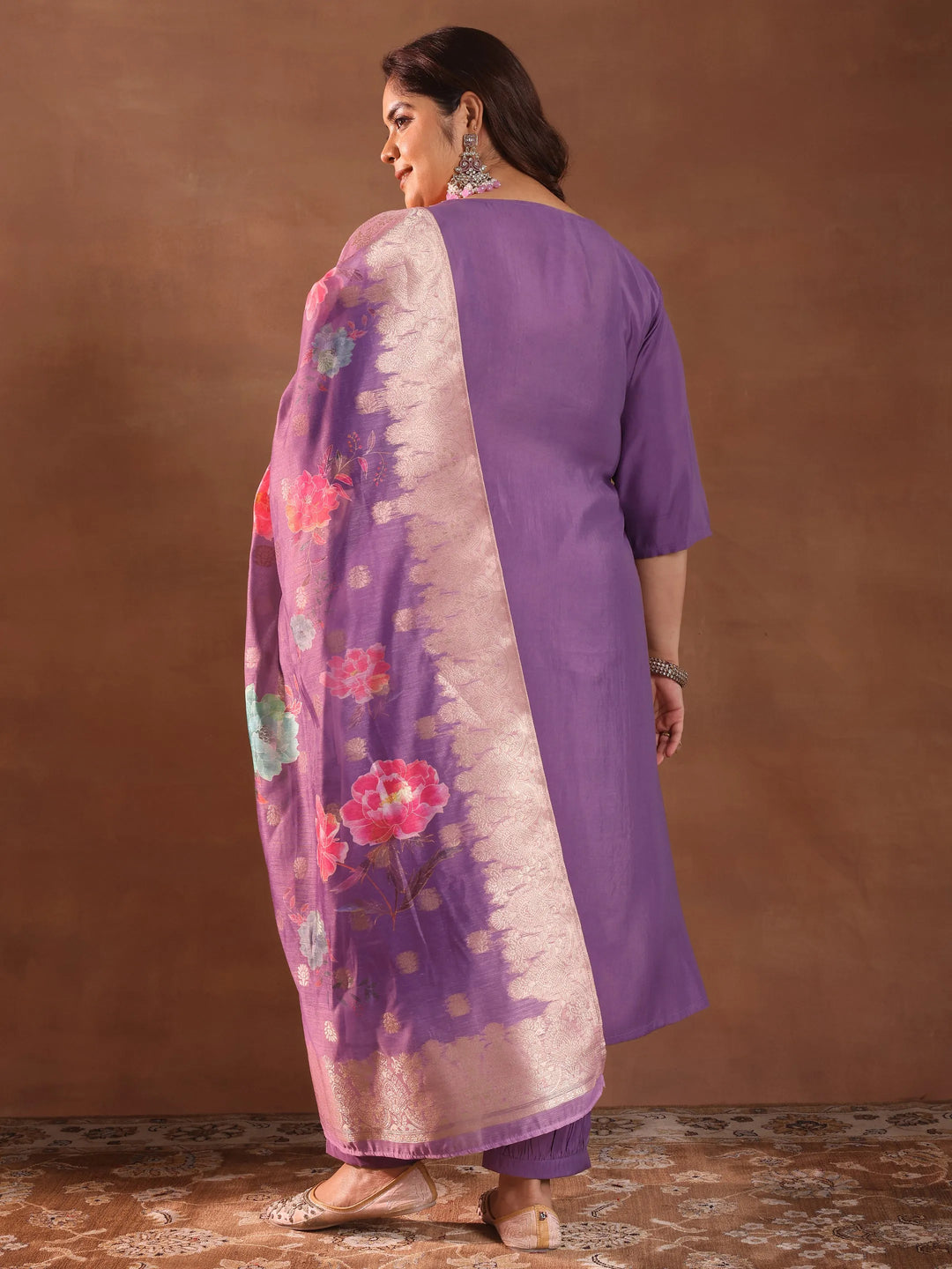  Plus Size Purple Yoke Design Silk Blend Straight Suit With Dupatta 