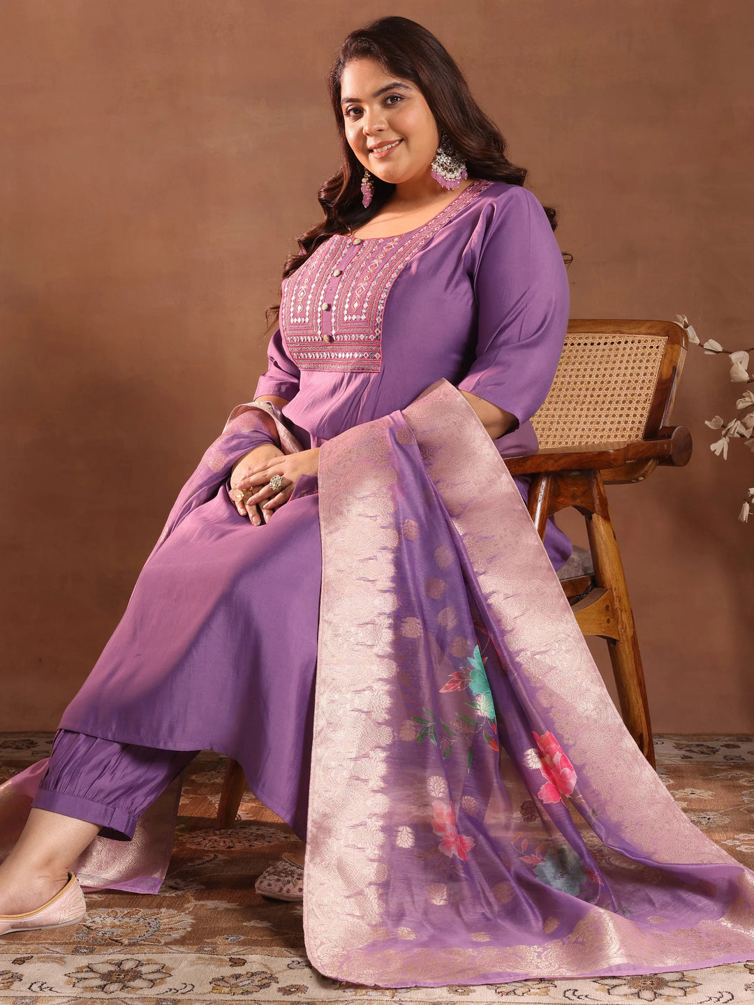  Plus Size Purple Yoke Design Silk Blend Straight Suit With Dupatta 