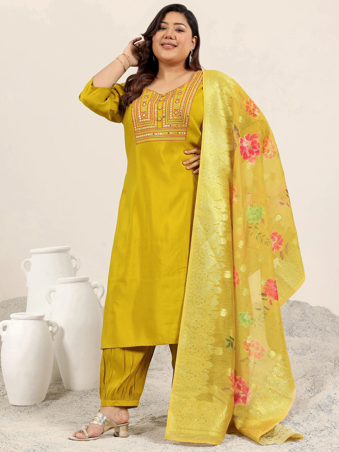  Plus Size Mustard Yoke Design Silk Blend Straight Suit Set With Dupatta 