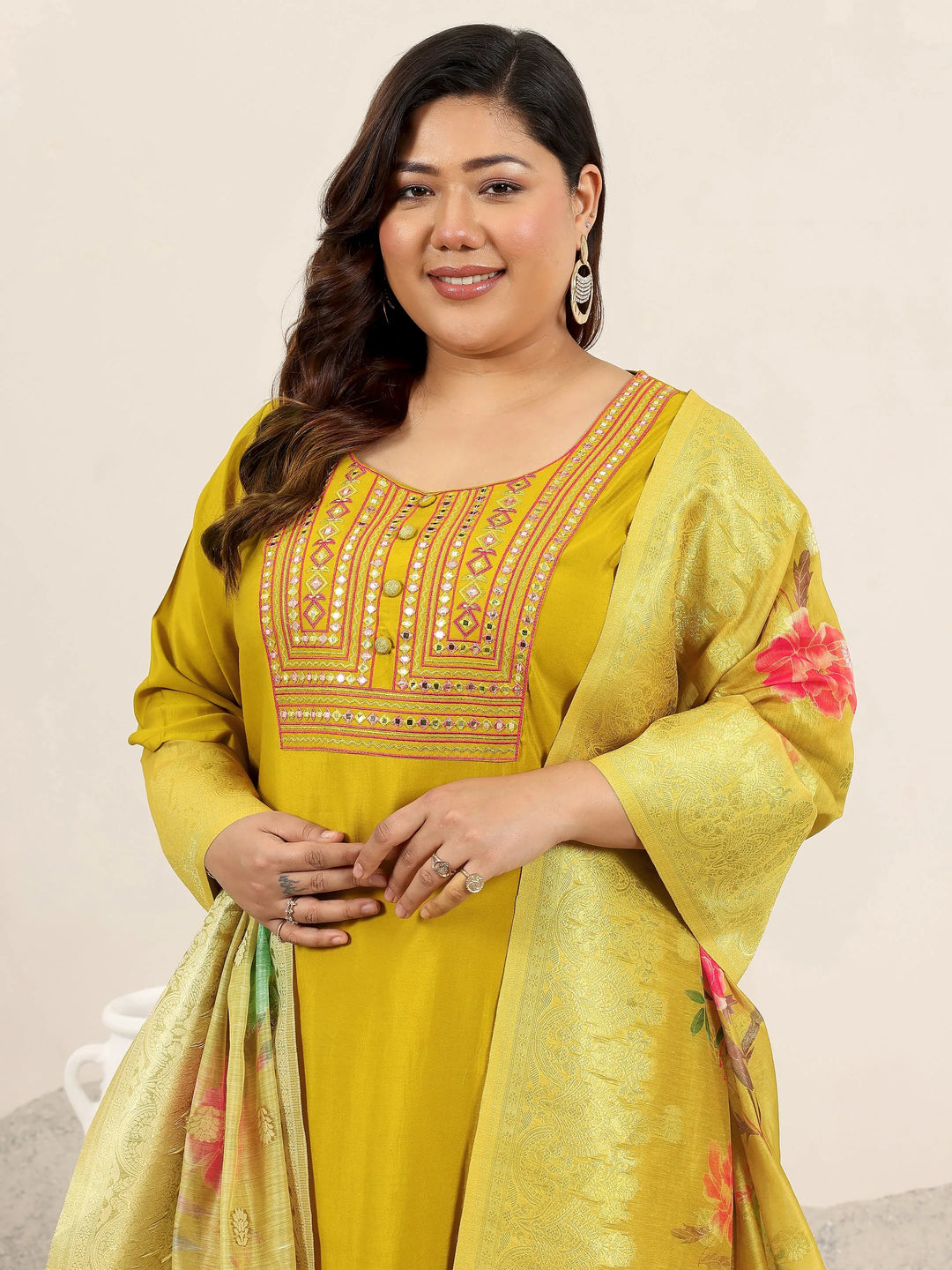  Plus Size Mustard Yoke Design Silk Blend Straight Suit Set With Dupatta 