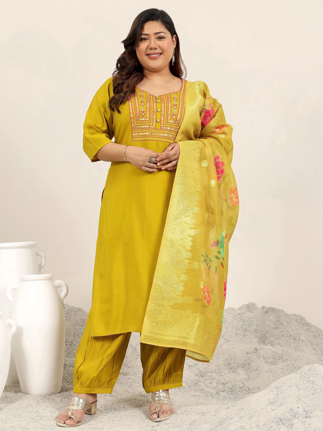  Plus Size Mustard Yoke Design Silk Blend Straight Suit Set With Dupatta 