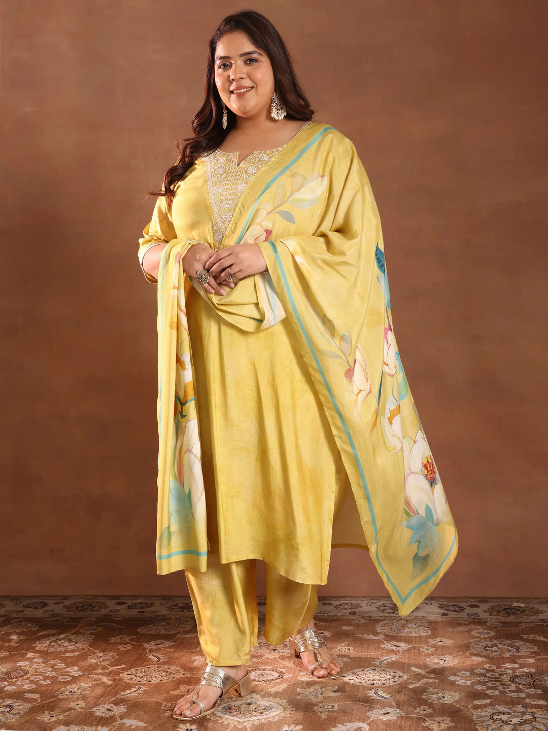  Plus Size Yellow Yoke Design Silk Blend Straight Suit With Dupatta 