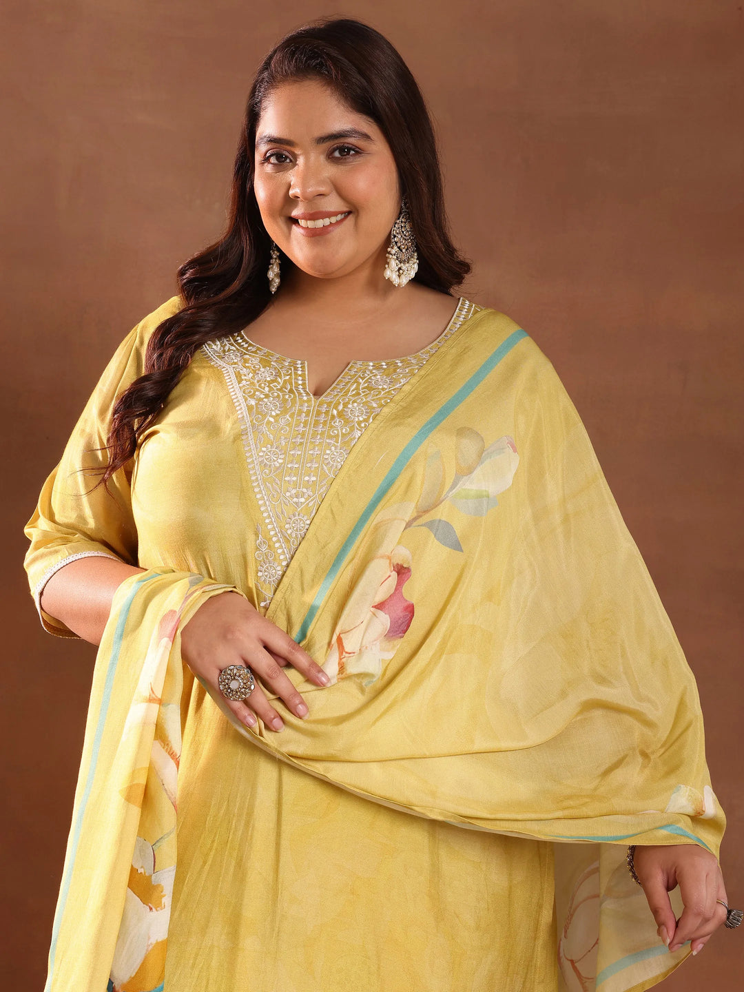  Plus Size Yellow Yoke Design Silk Blend Straight Suit With Dupatta 