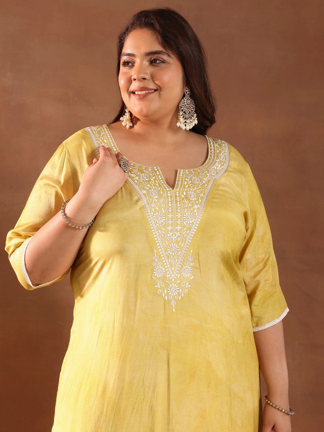  Plus Size Yellow Yoke Design Silk Blend Straight Suit With Dupatta 