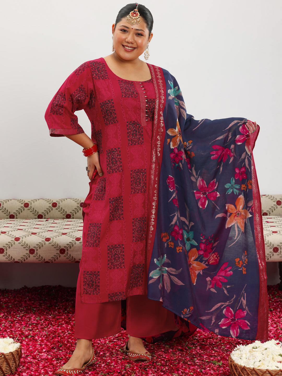  Plus Size Red Printed Silk Blend Straight Suit With Dupatta 