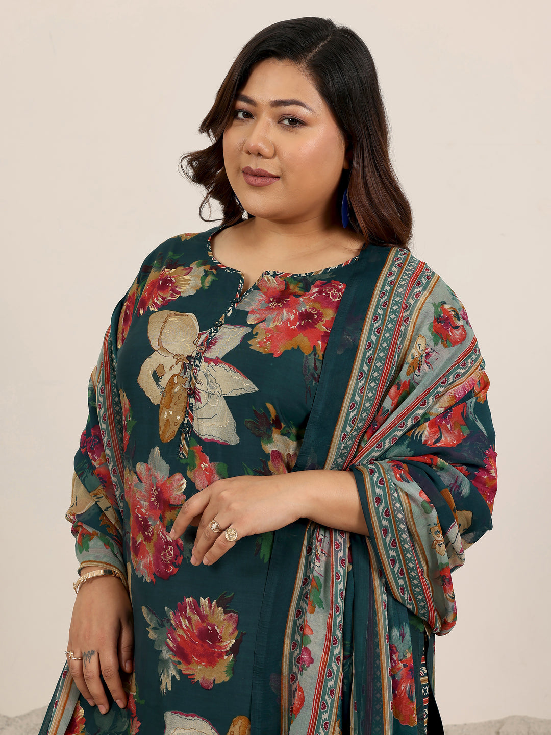  Plus Size Blue Printed Silk Blend Straight Suit Set With Dupatta 