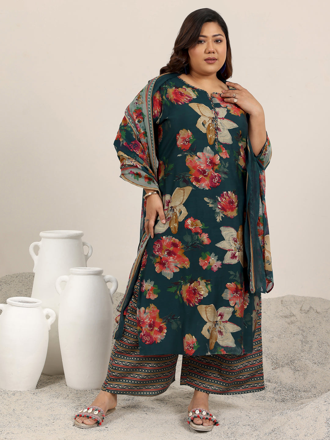  Plus Size Blue Printed Silk Blend Straight Suit Set With Dupatta 