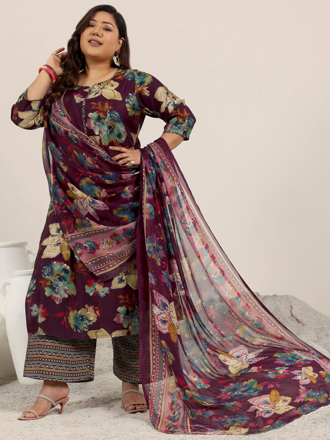  Plus Size Burgundy Printed Silk Blend Straight Suit Set With Dupatta 