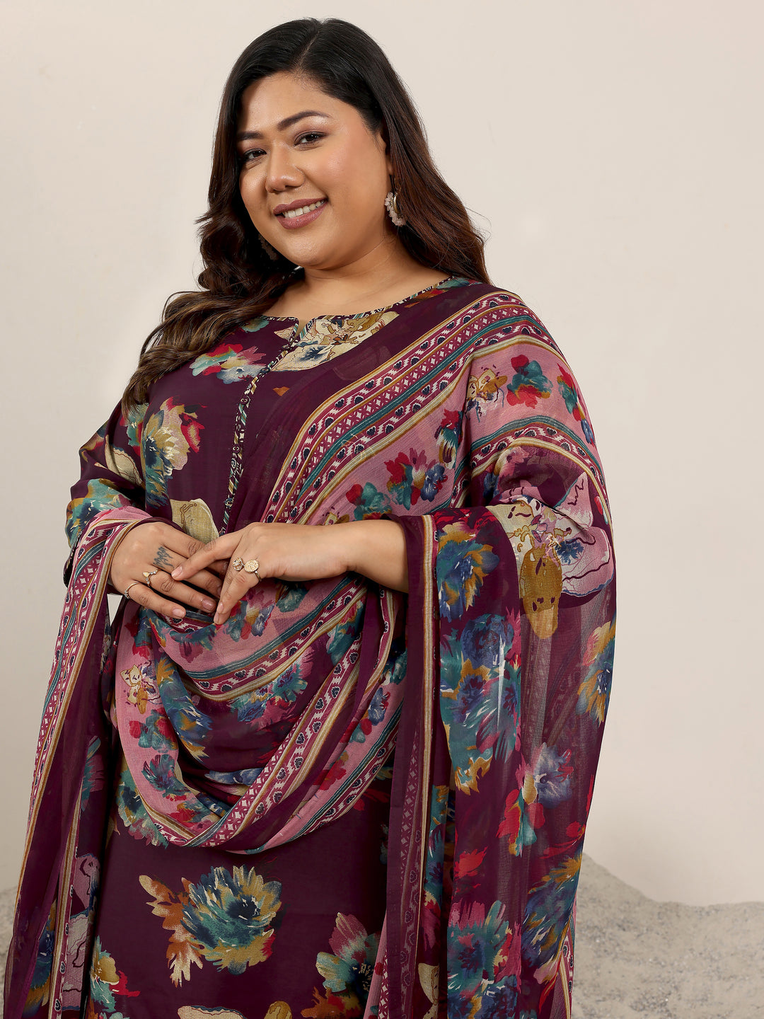  Plus Size Burgundy Printed Silk Blend Straight Suit Set With Dupatta 