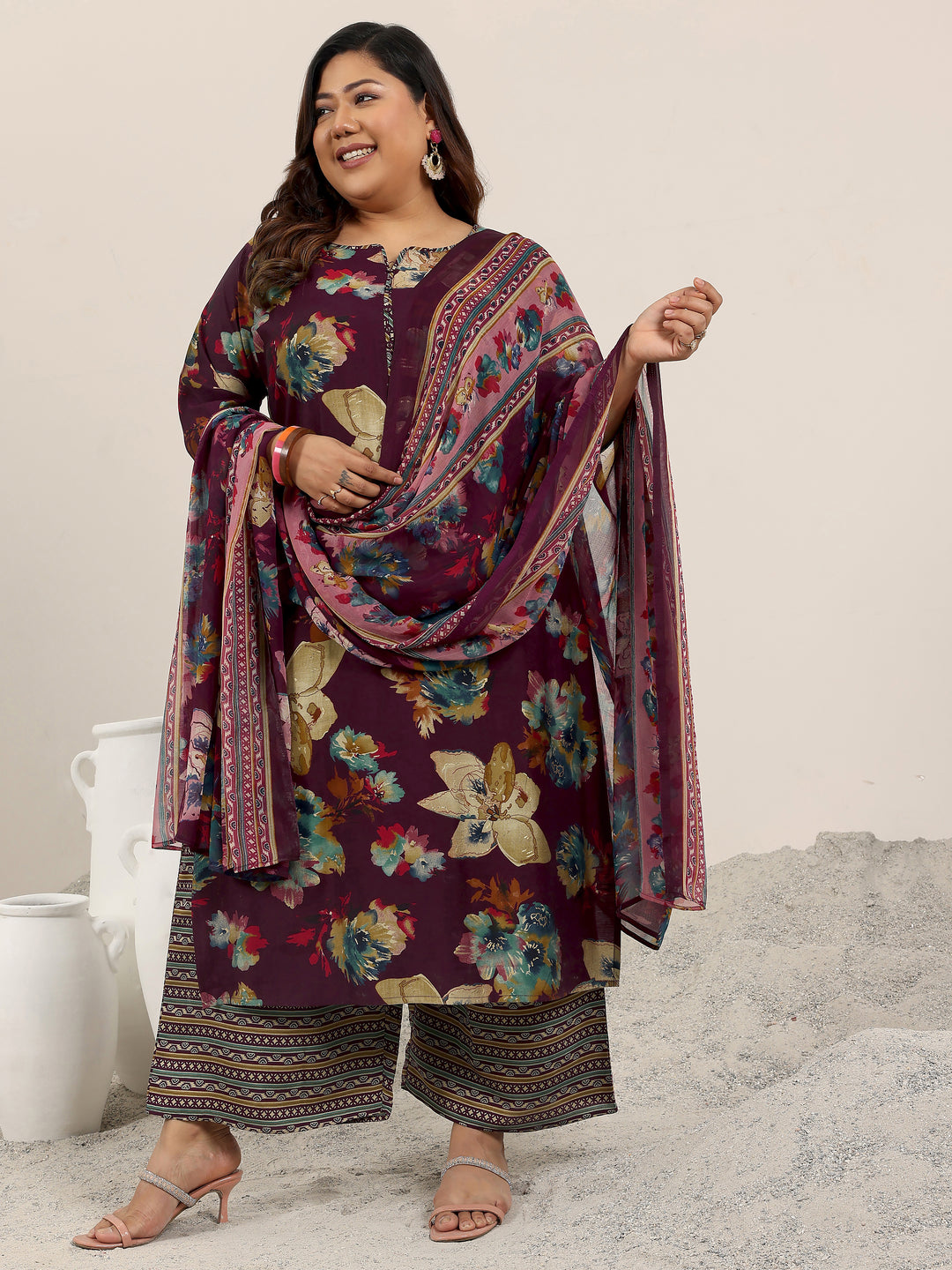  Plus Size Burgundy Printed Silk Blend Straight Suit Set With Dupatta 