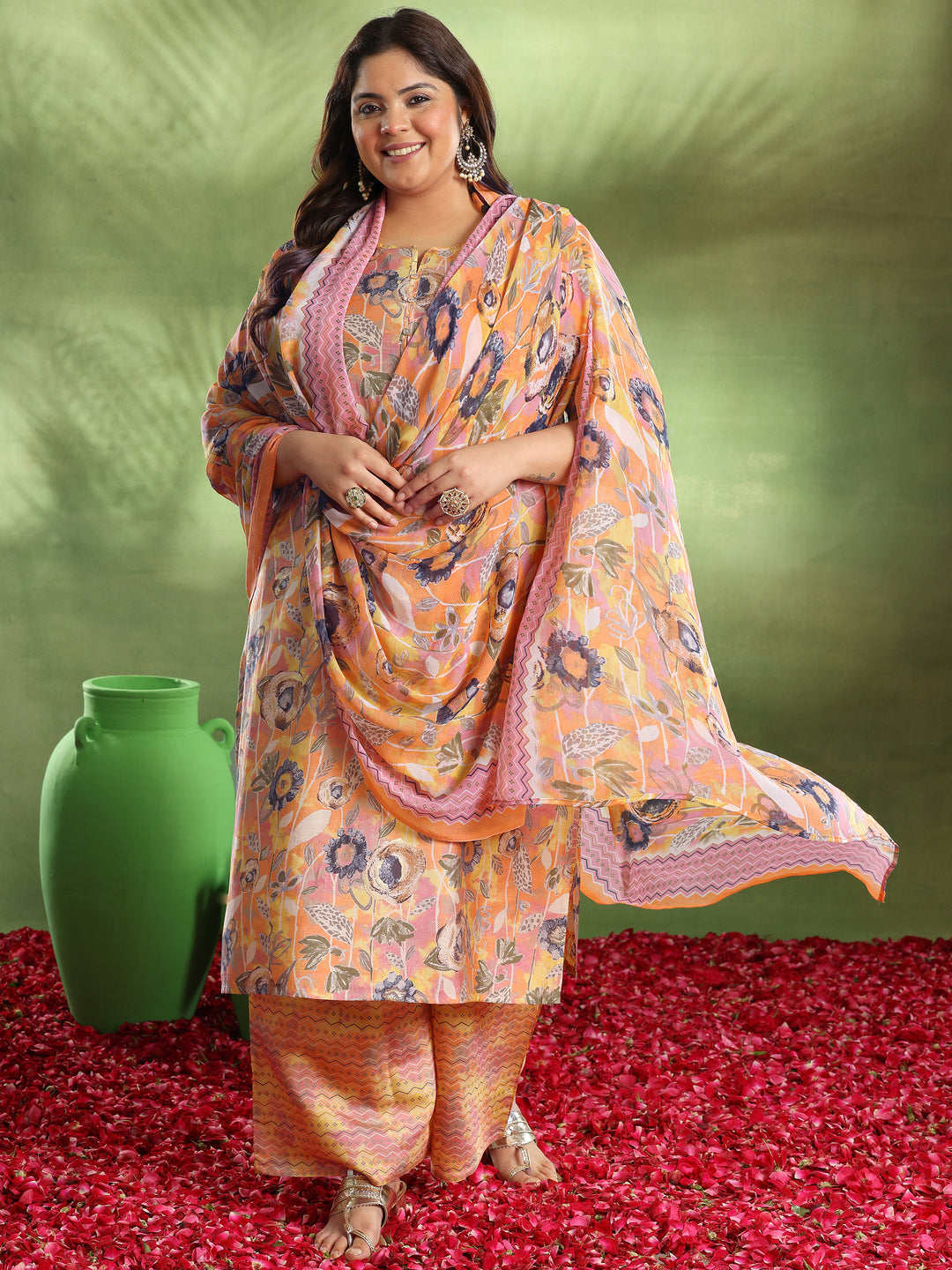  Plus Size Orange Printed Silk Blend Straight Suit With Dupatta 