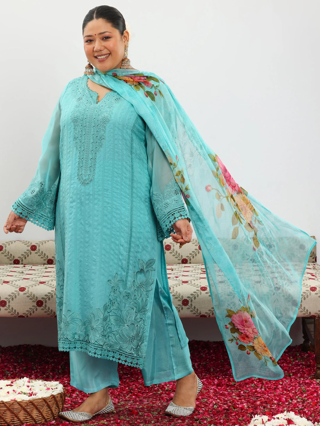  Plus Size Turquoise Blue Embroidered Georgette Straight Suit With Dupatta 