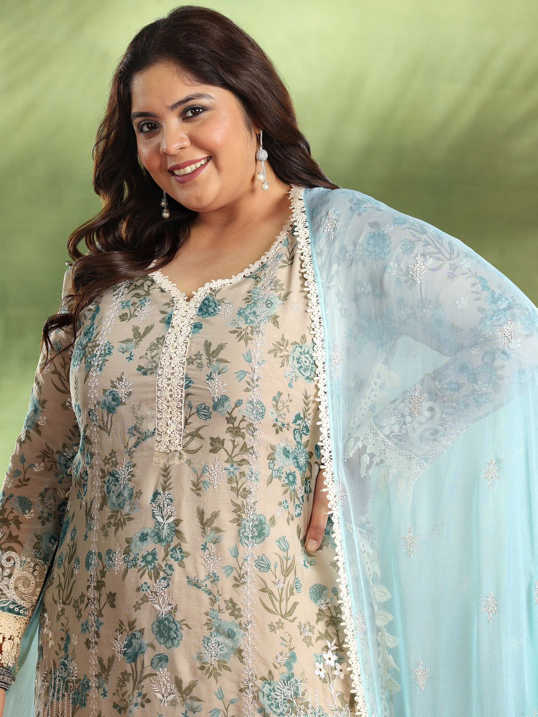  Plus Size Beige Printed Organza Straight Suit With Dupatta 