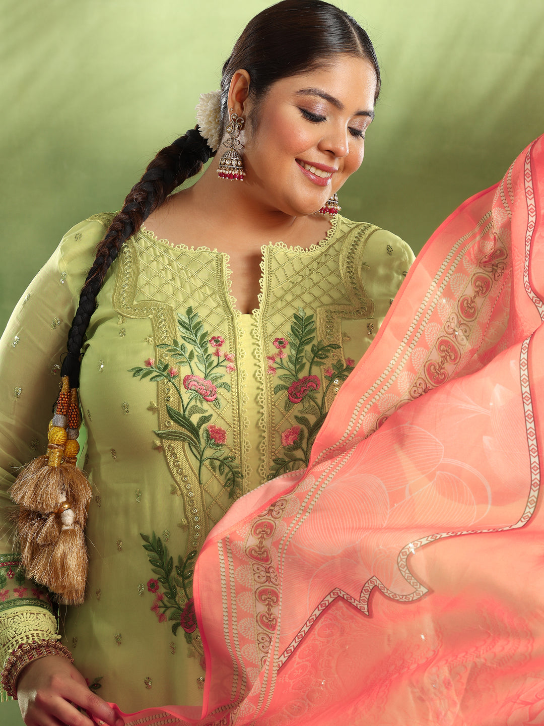  Plus Size Yellow Embroidered Organza Straight Suit With Dupatta 