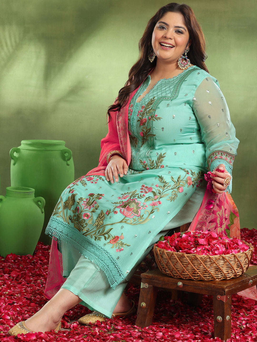 Plus Size Green Embroidered Organza Straight Suit With Dupatta