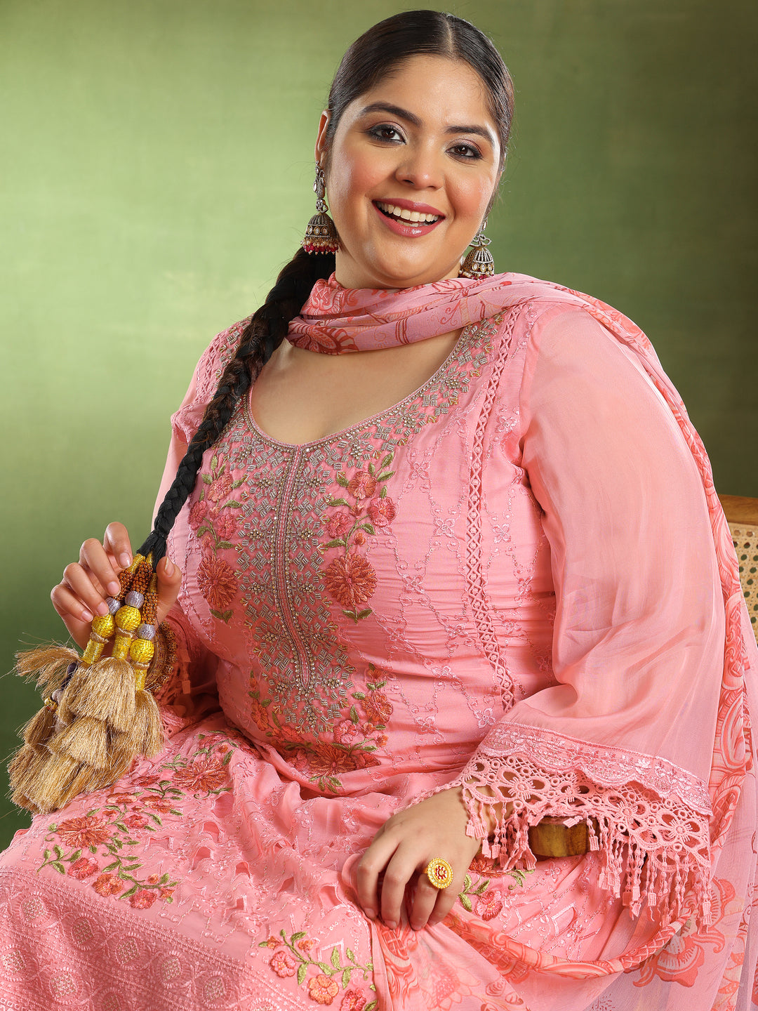 Plus Size Pink Embroidered Organza Straight Suit With Dupatta