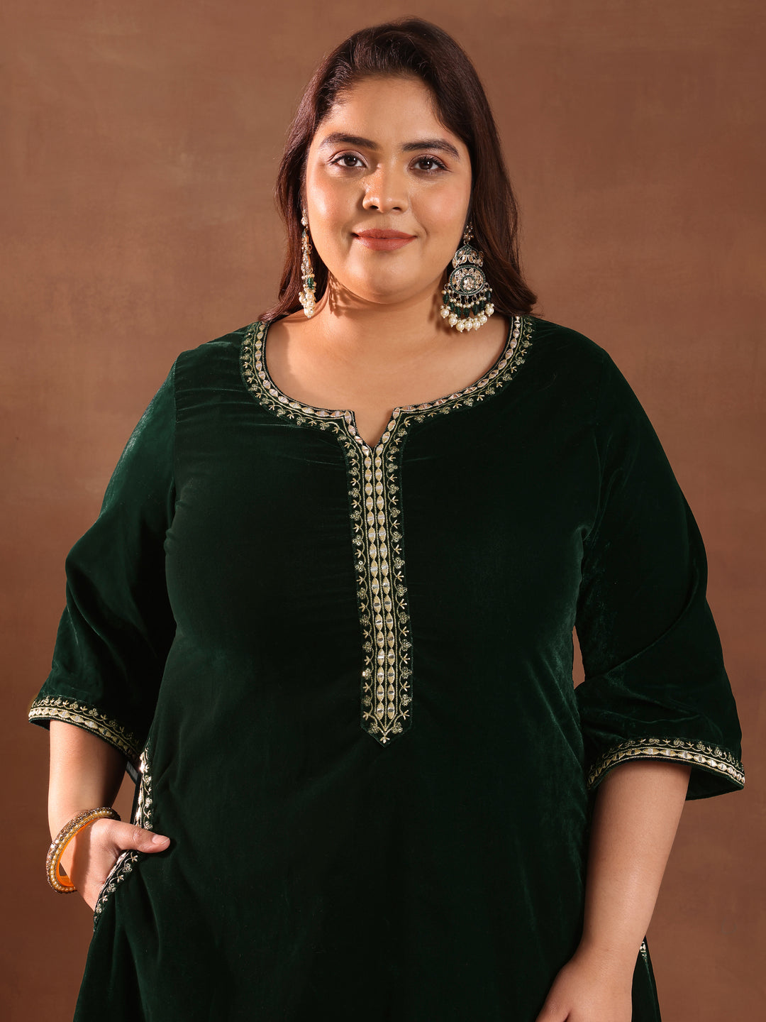  Plus Size Green Yoke Design Velvet Straight Suit Set With Dupatta 