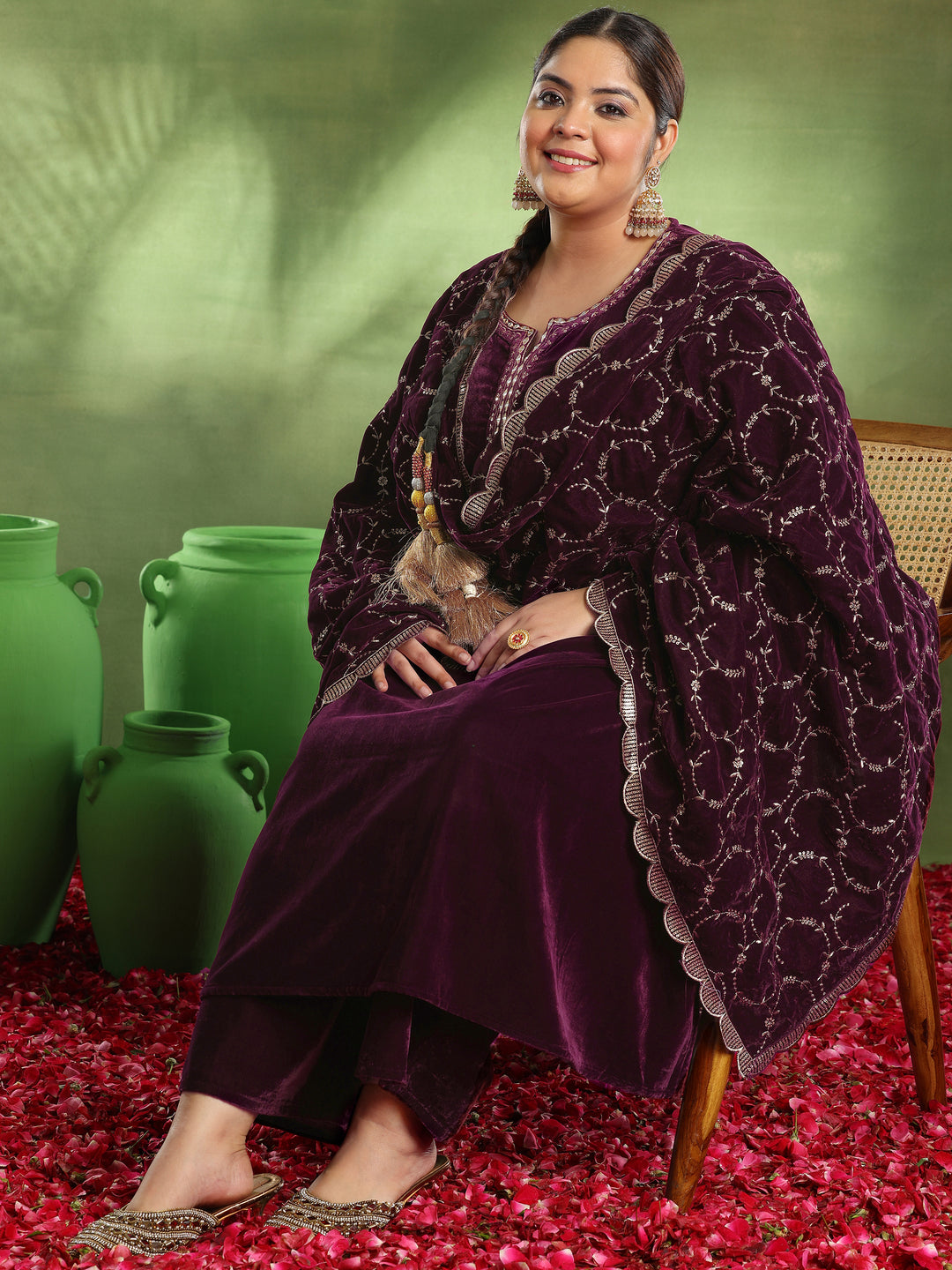 Plus Size Burgundy Yoke Design Velvet Suit With Dupatta