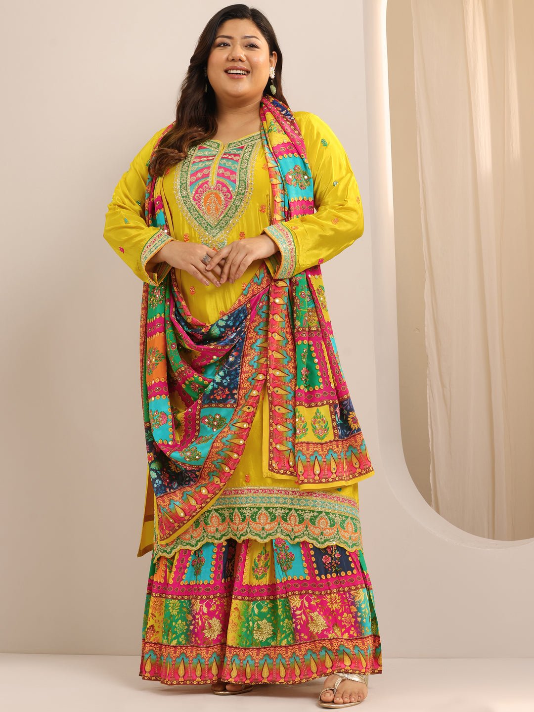  Plus Size Mustard Embroidered Silk Blend Straight Suit Set With Dupatta 