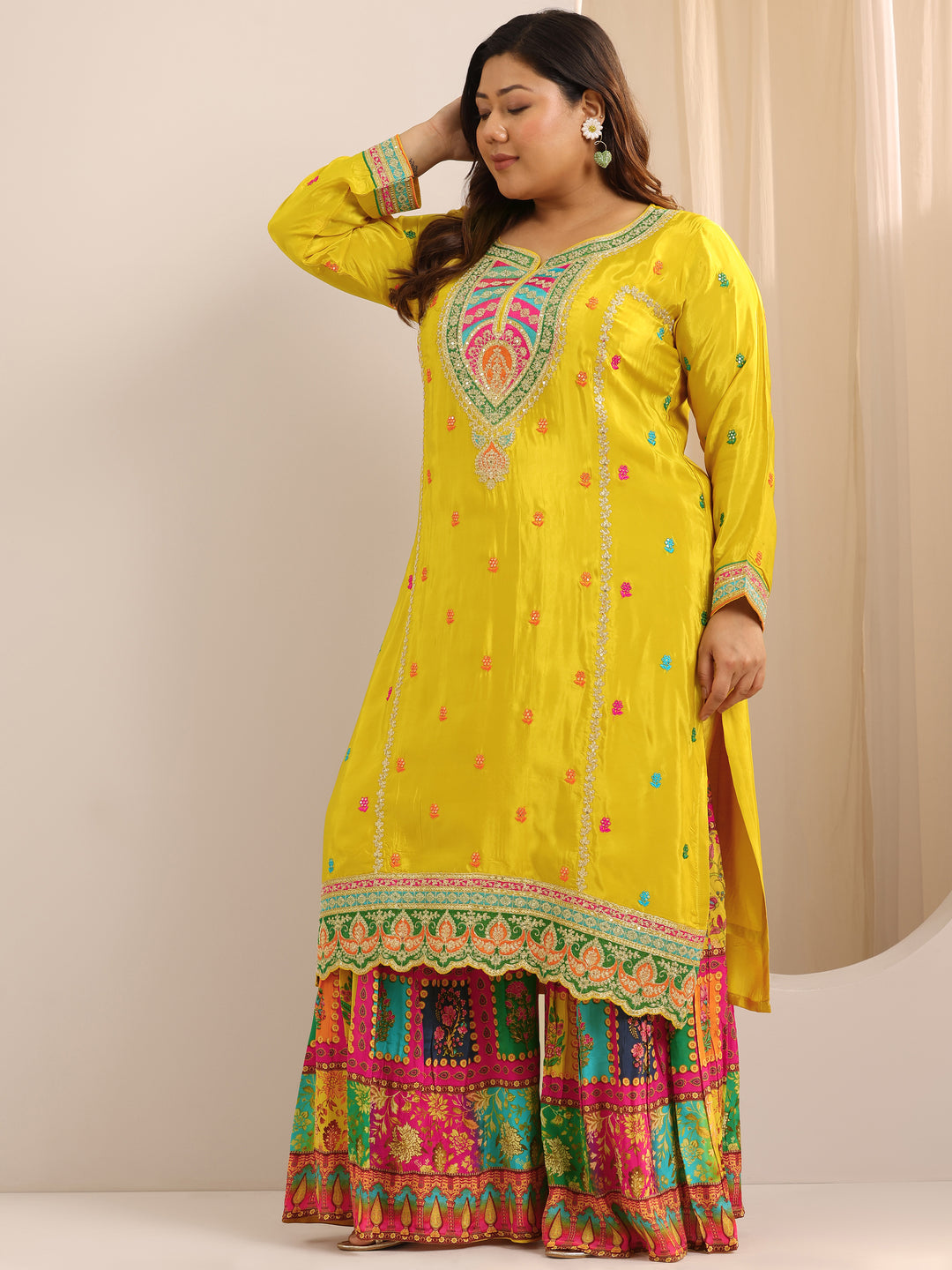  Plus Size Mustard Embroidered Silk Blend Straight Suit Set With Dupatta 