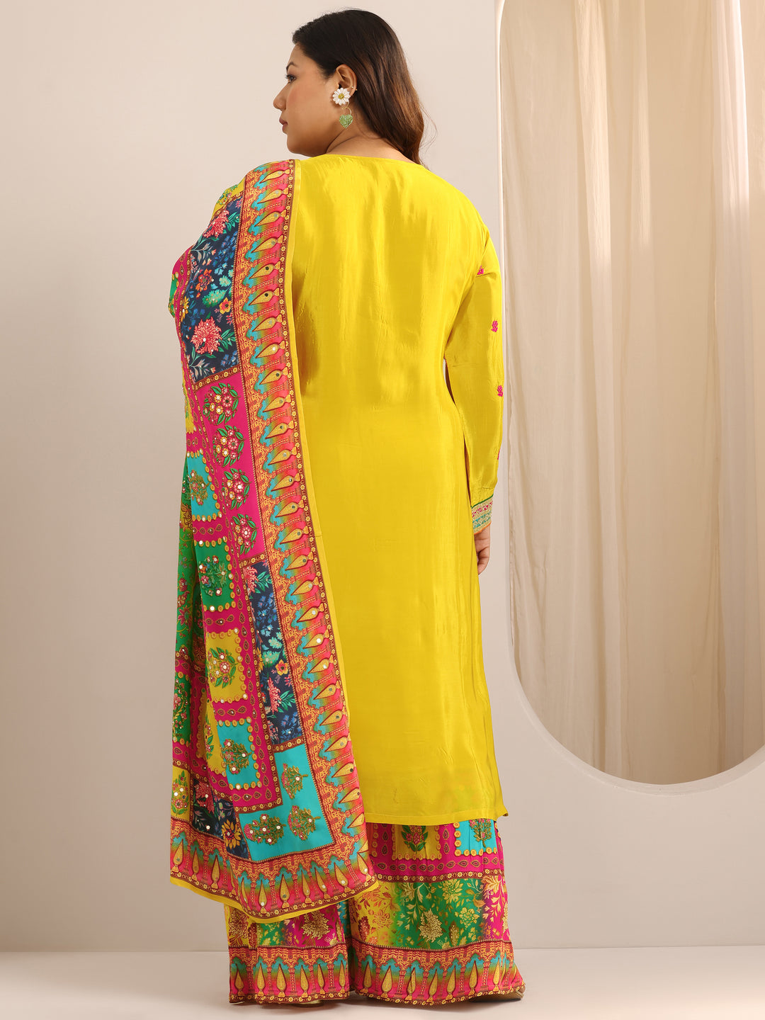  Plus Size Mustard Embroidered Silk Blend Straight Suit Set With Dupatta 