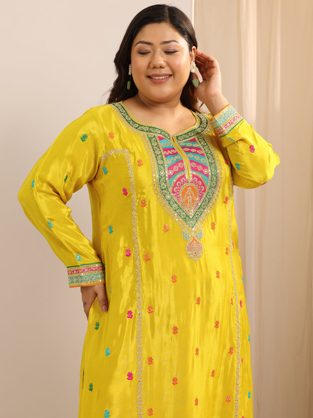  Plus Size Mustard Embroidered Silk Blend Straight Suit Set With Dupatta 