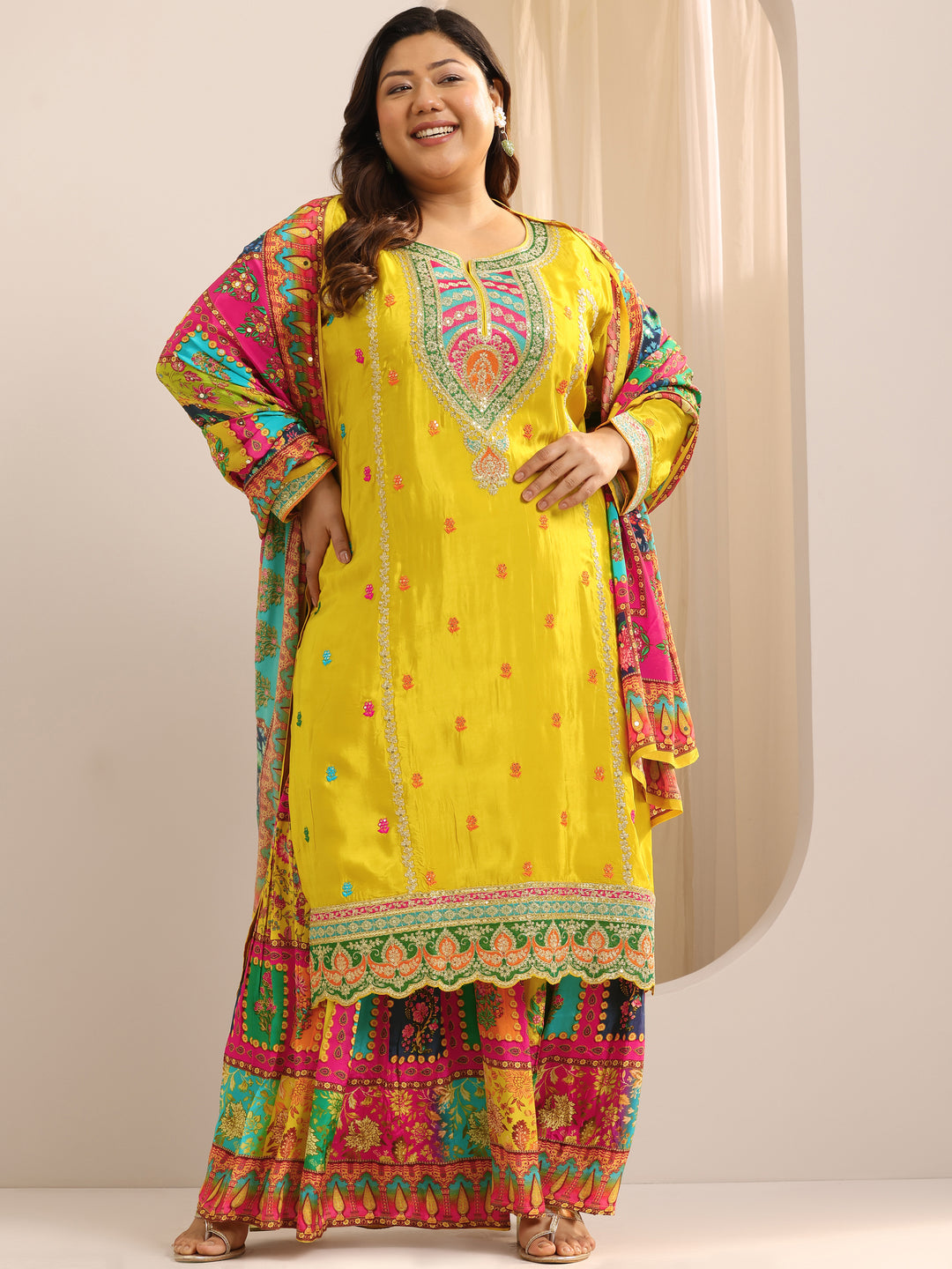  Plus Size Mustard Embroidered Silk Blend Straight Suit Set With Dupatta 