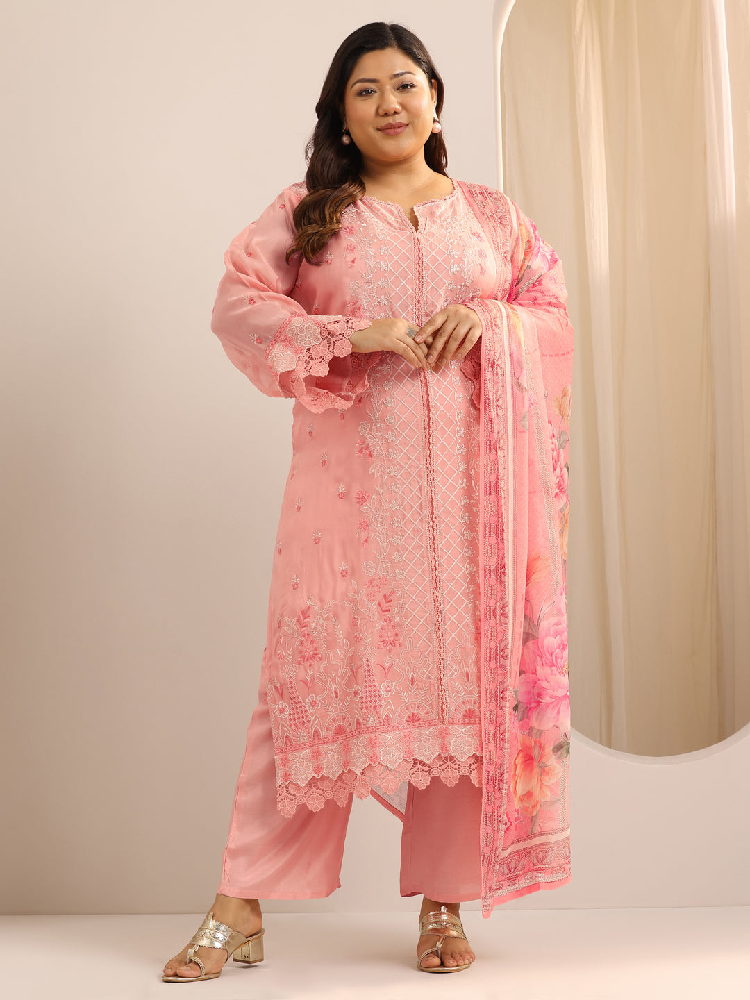  Plus Size Peach Embroidered Organza Straight Suit Set With Dupatta 