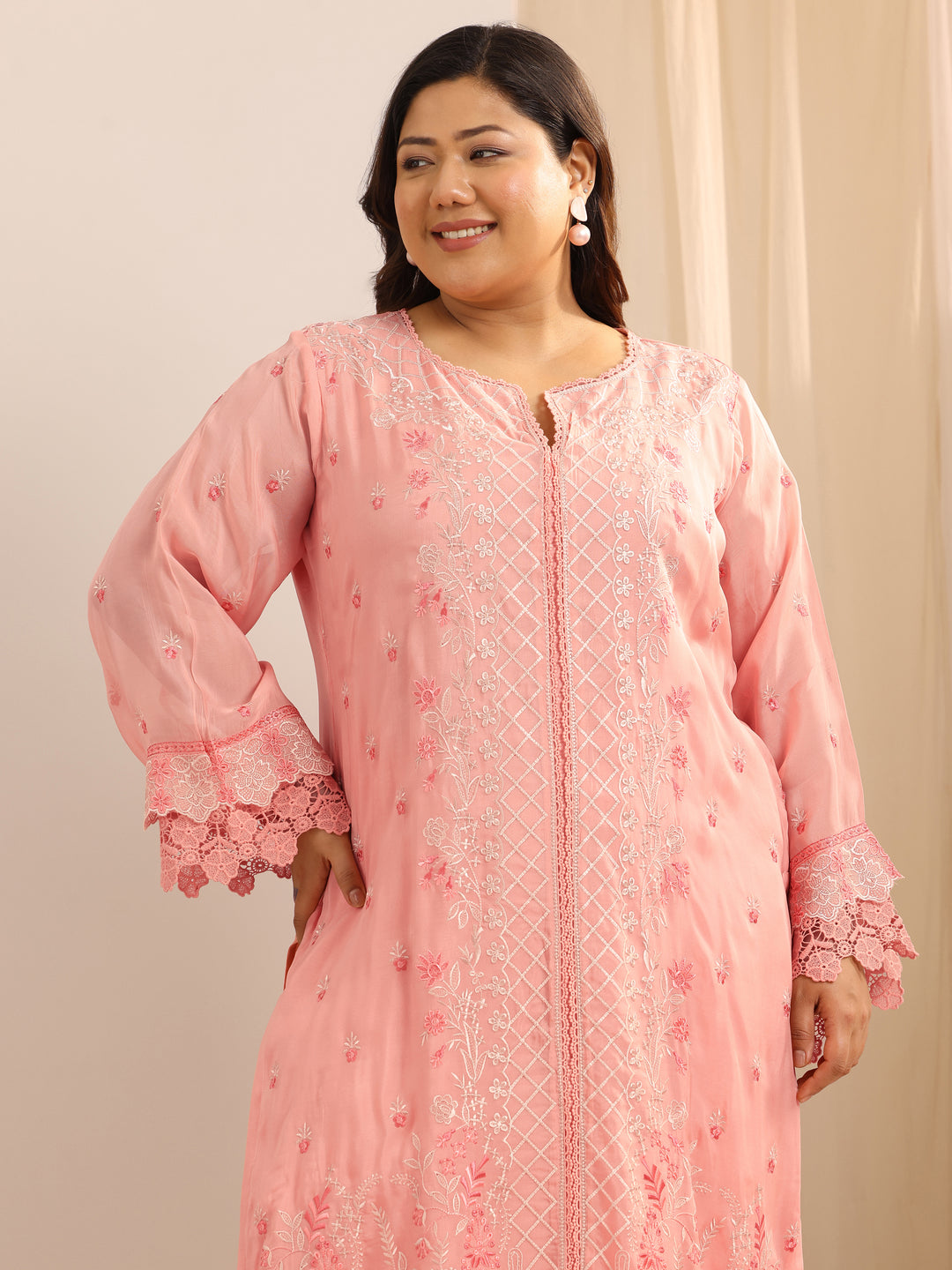  Plus Size Peach Embroidered Organza Straight Suit Set With Dupatta 