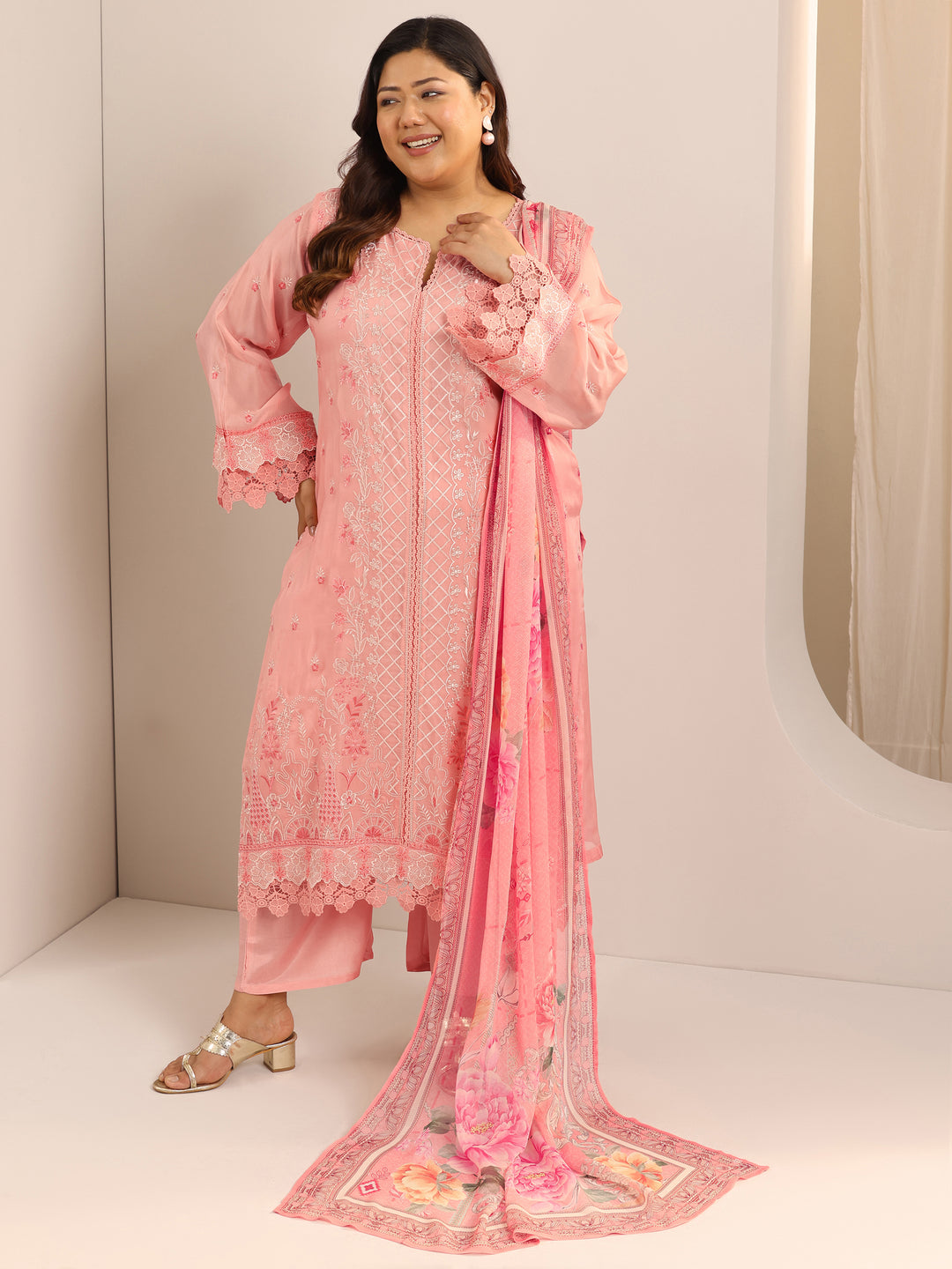 Plus Size Peach Embroidered Organza Straight Suit Set With Dupatta