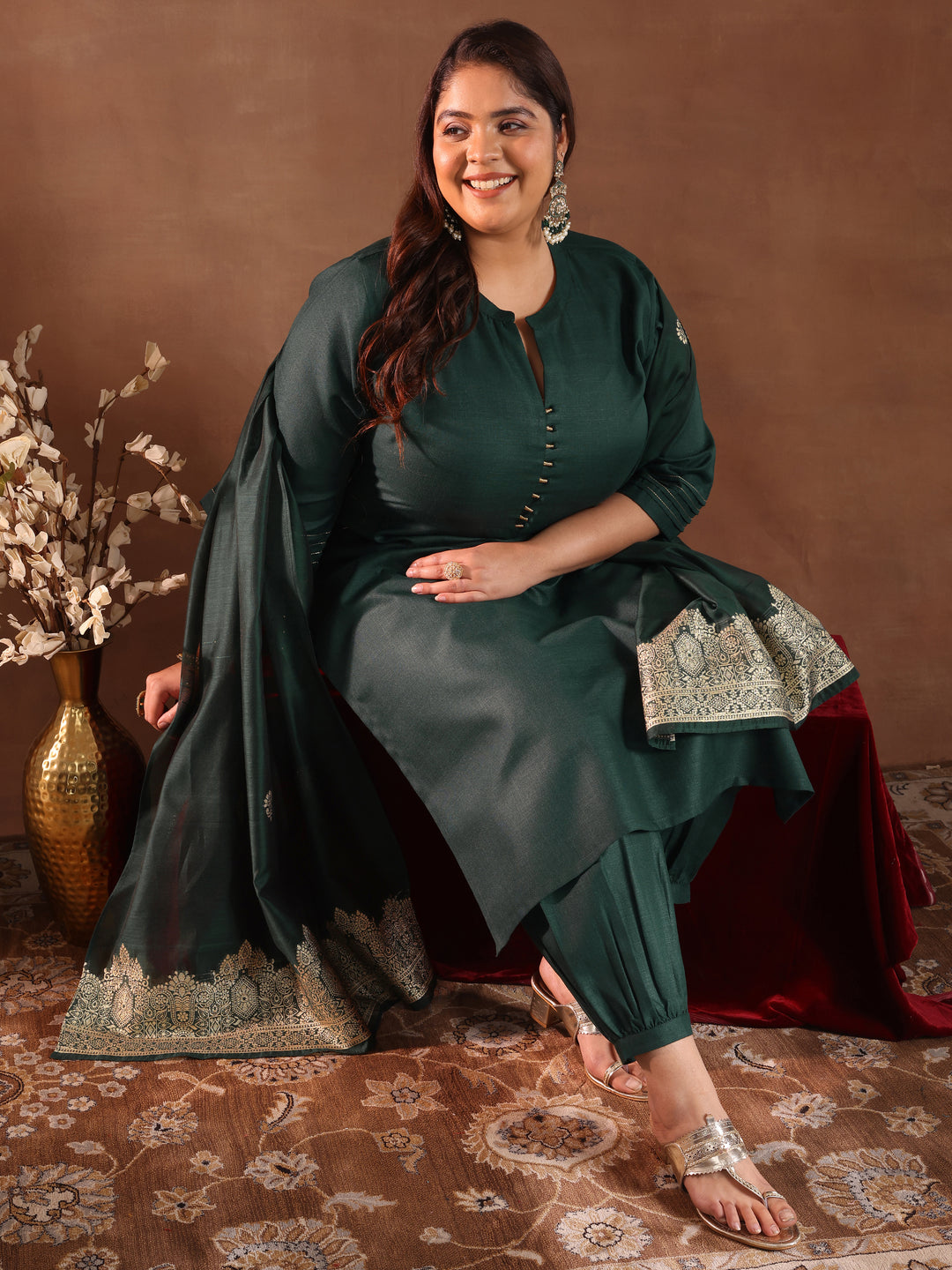 Plus Size Green Solid Cotton Blend Straight Suit Set With Dupatta