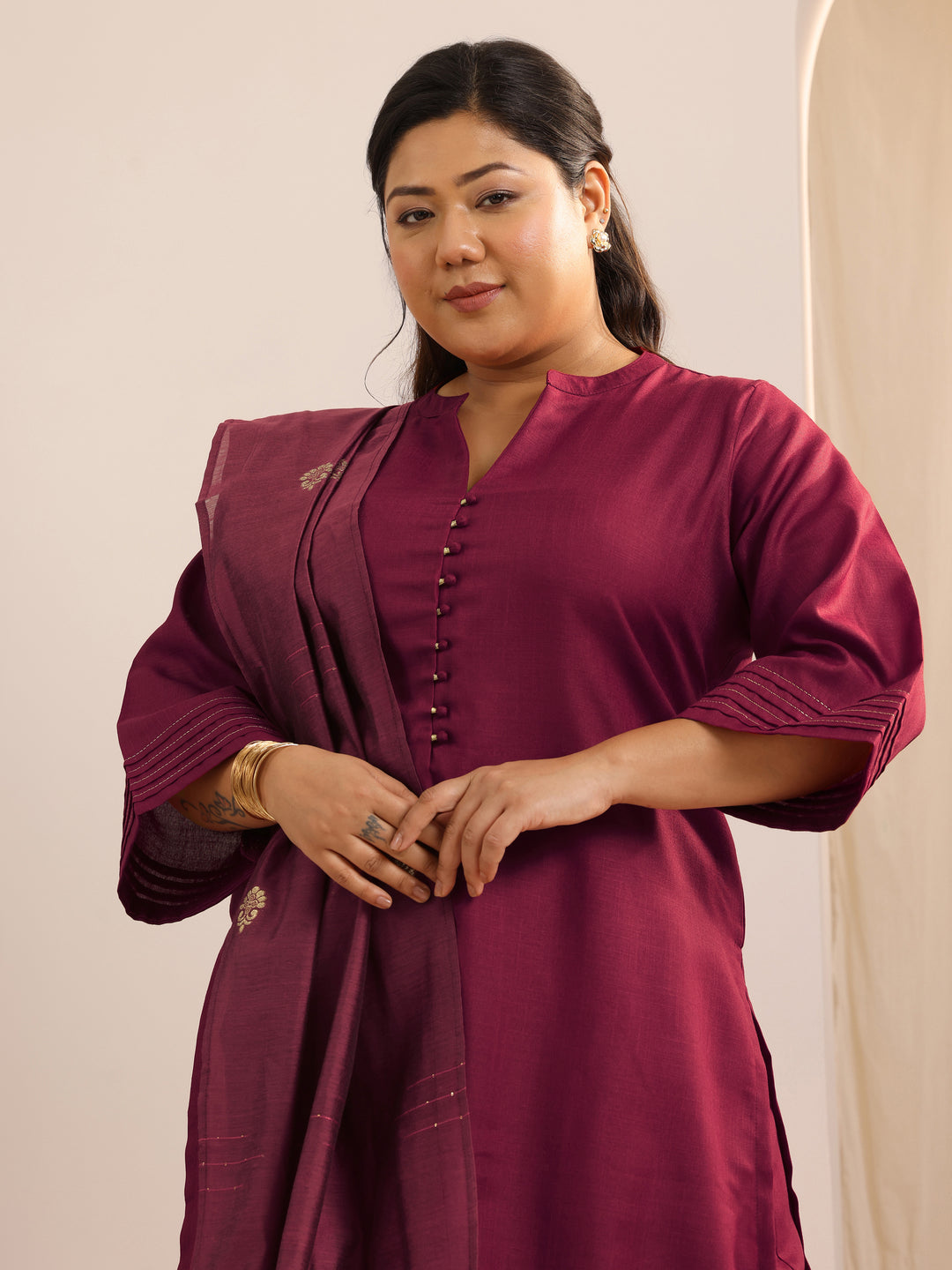  Plus Size Maroon Solid Cotton Blend Straight Suit Set With Dupatta 