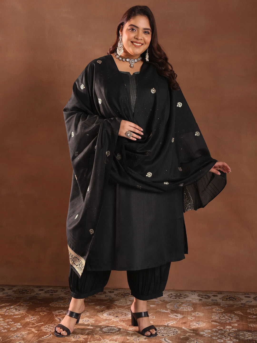 Plus Size Black Solid Cotton Blend Straight Suit Set With Dupatta