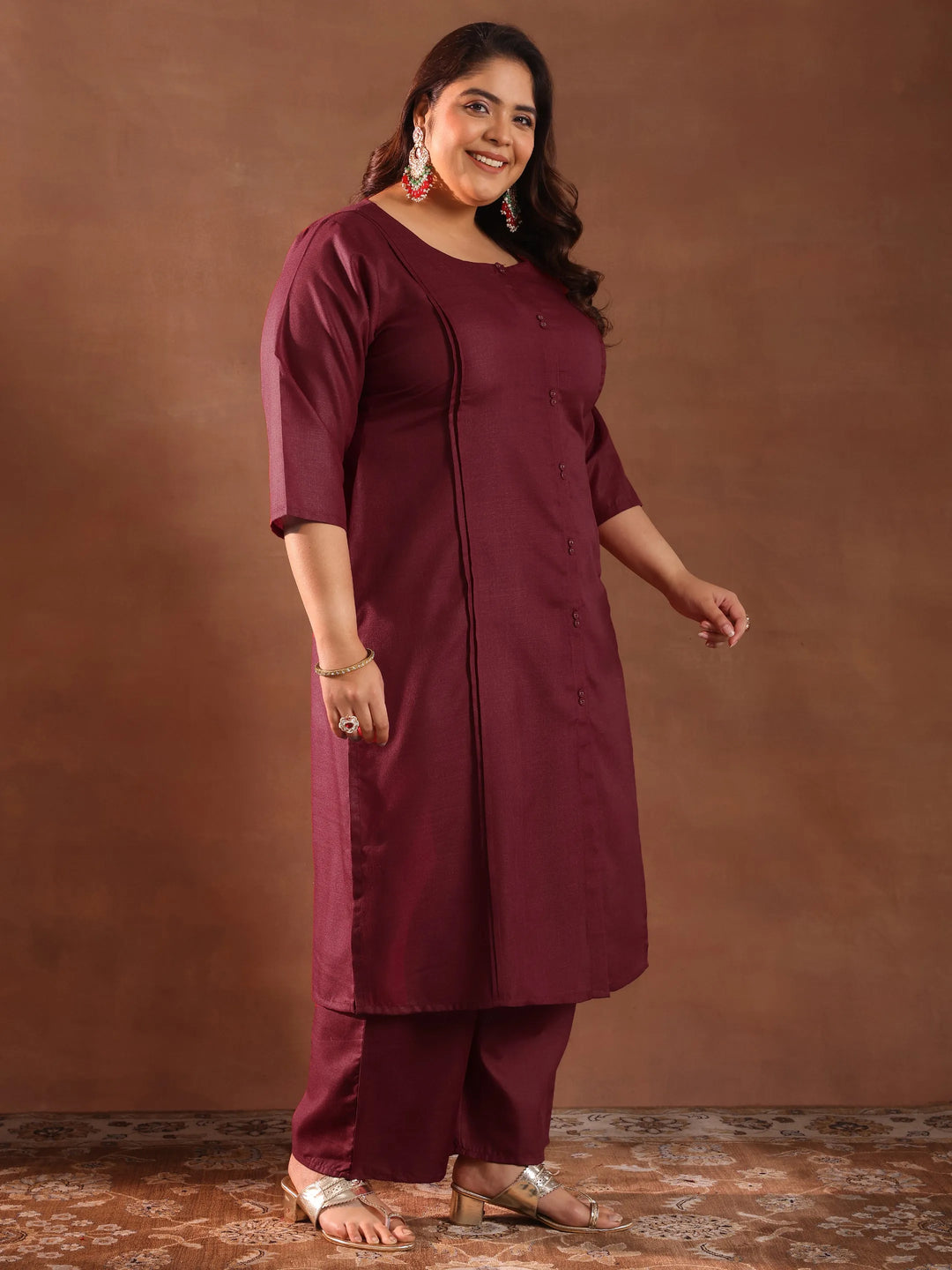  Plus Size Maroon Solid Cotton Blend Straight Suit Set With Dupatta 