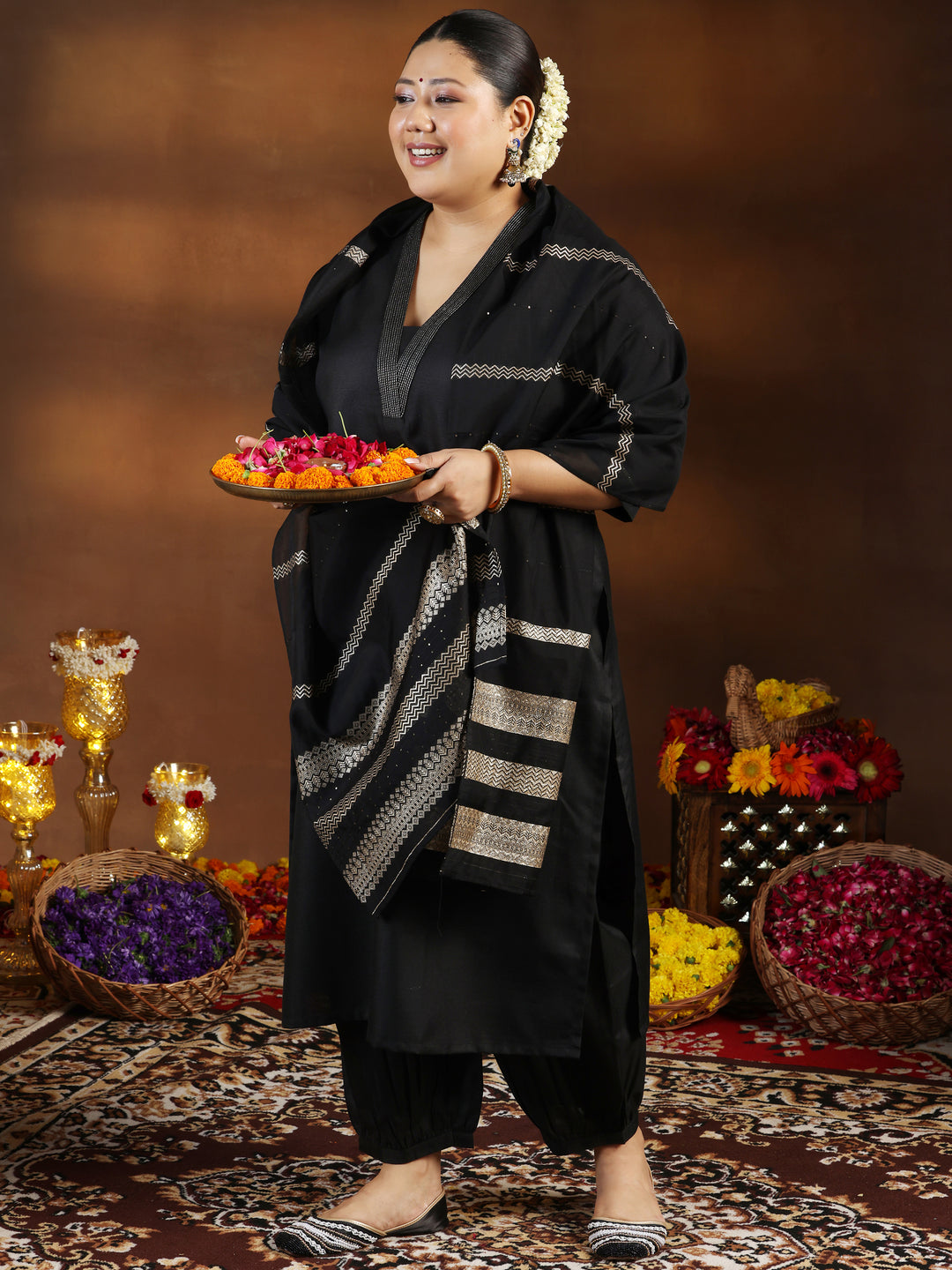  Plus Size Black Solid Cotton Blend Straight Suit With Dupatta 