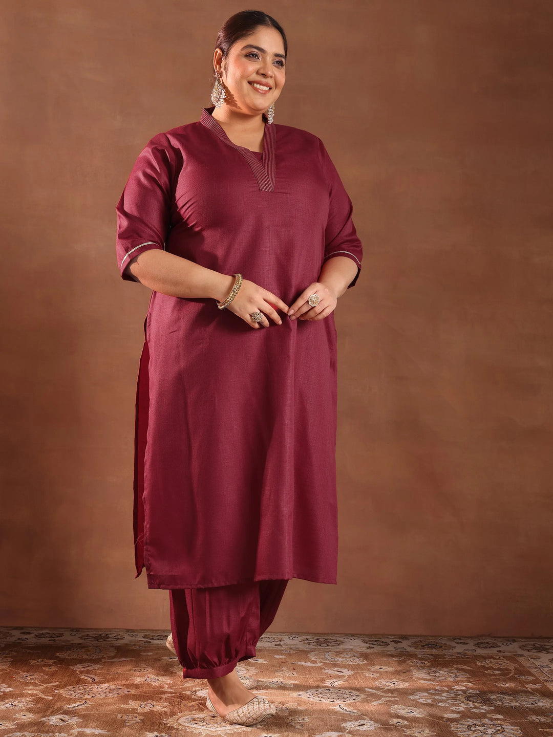  Plus Size Maroon Solid Cotton Blend Straight Suit With Dupatta 